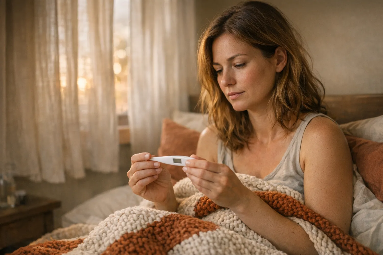 Frau misst morgens im Bett ihre Basaltemperatur mit einem Digitalthermometer