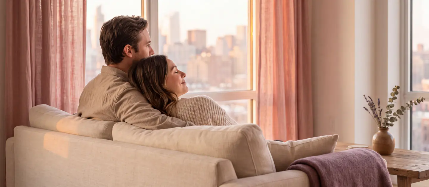Couple sitting close together on a sofa, looking out the window in the evening light