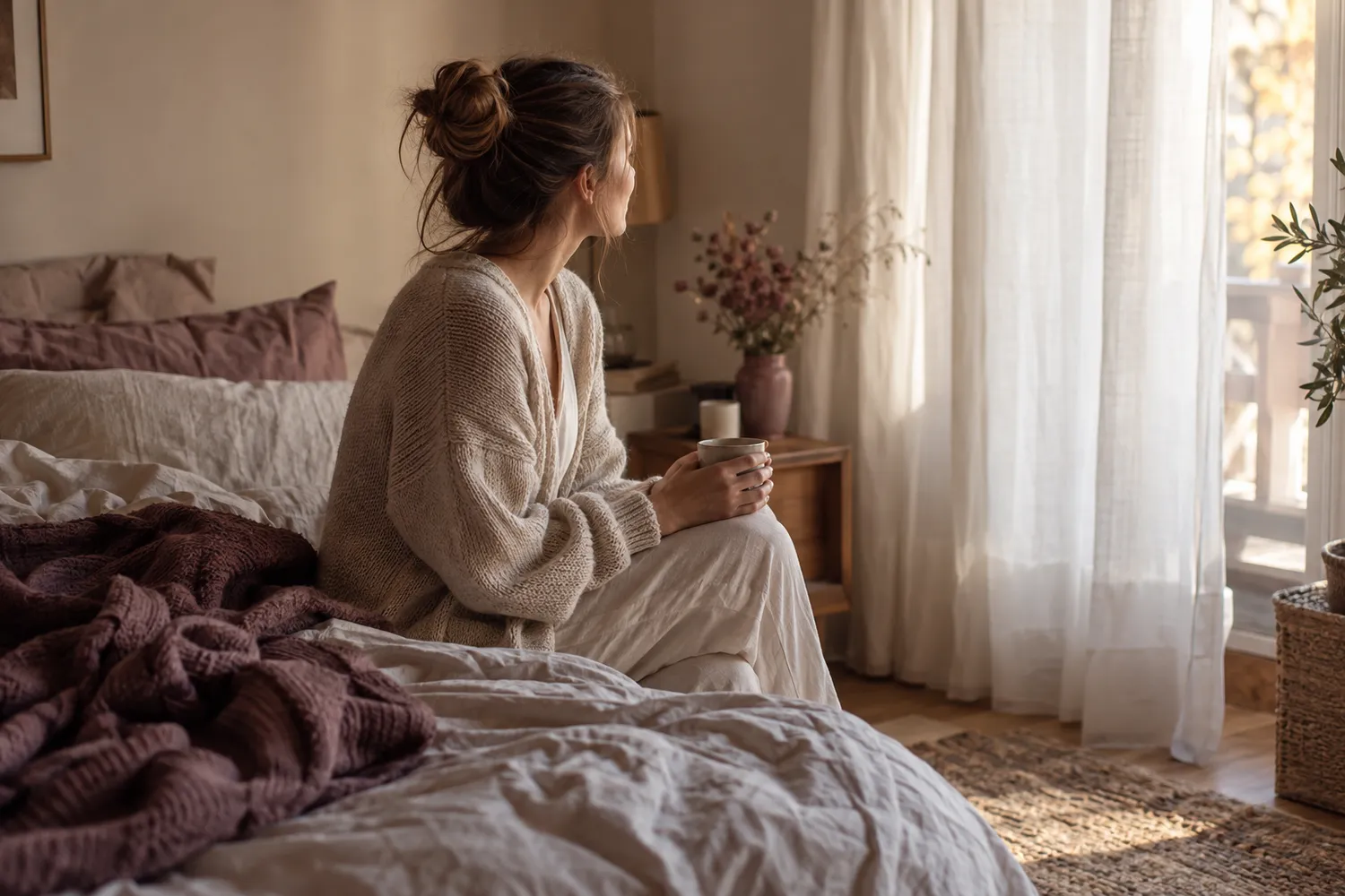 Mujer sentada por la mañana en el borde de la cama con una taza, mirando por la ventana