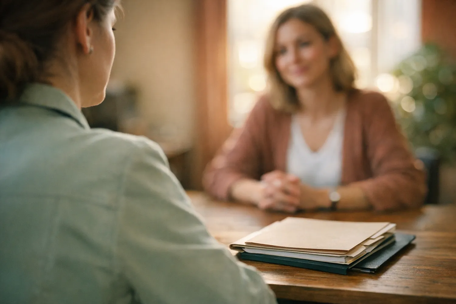 Frau sitzt nachdenklich nach Social Freezing Beratung