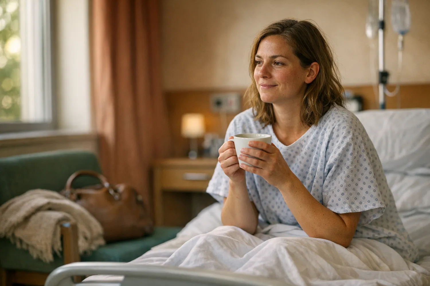 Patientin nach der Eizellentnahme mit Tee im Aufwachraum