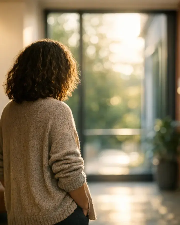 Female patient at the window of a clinic hallway