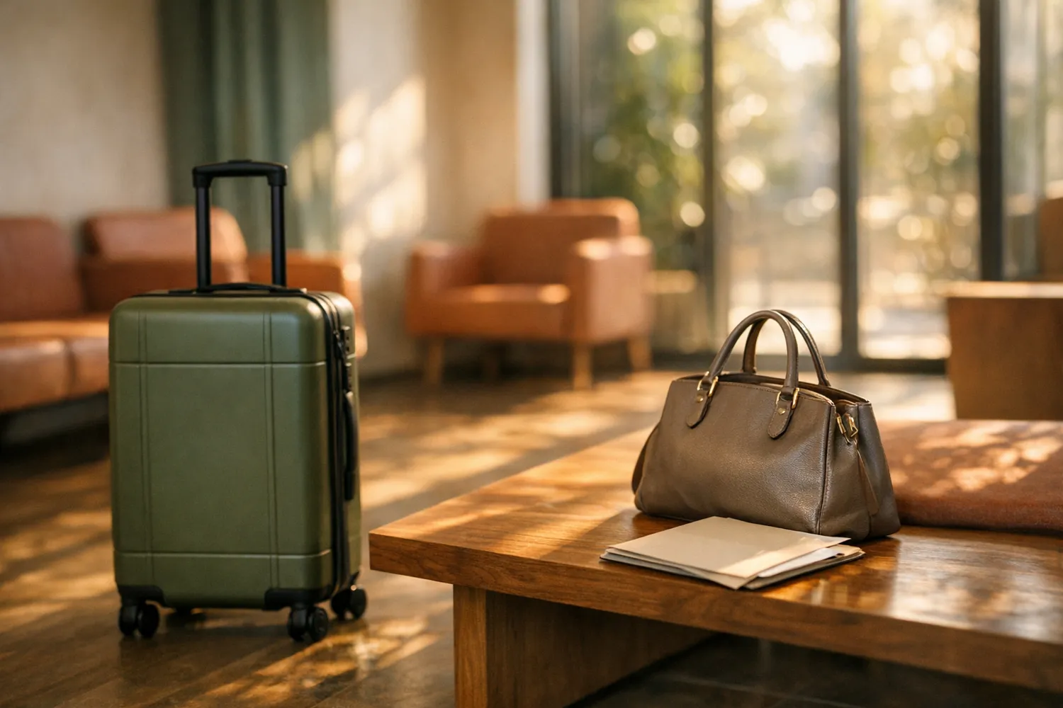 Reisekoffer im Wartebereich einer Kinderwunschklinik als Symbol für Medizintourismus
