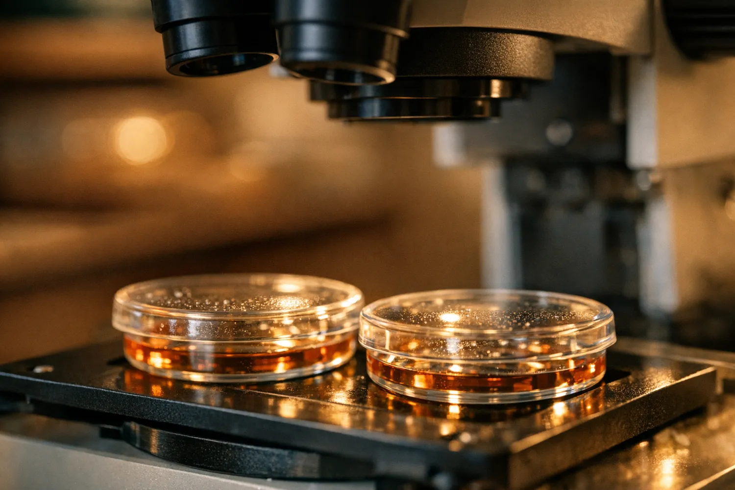 IVF-Labor mit Petrischalen und Kulturmedium unter dem Stereomikroskop