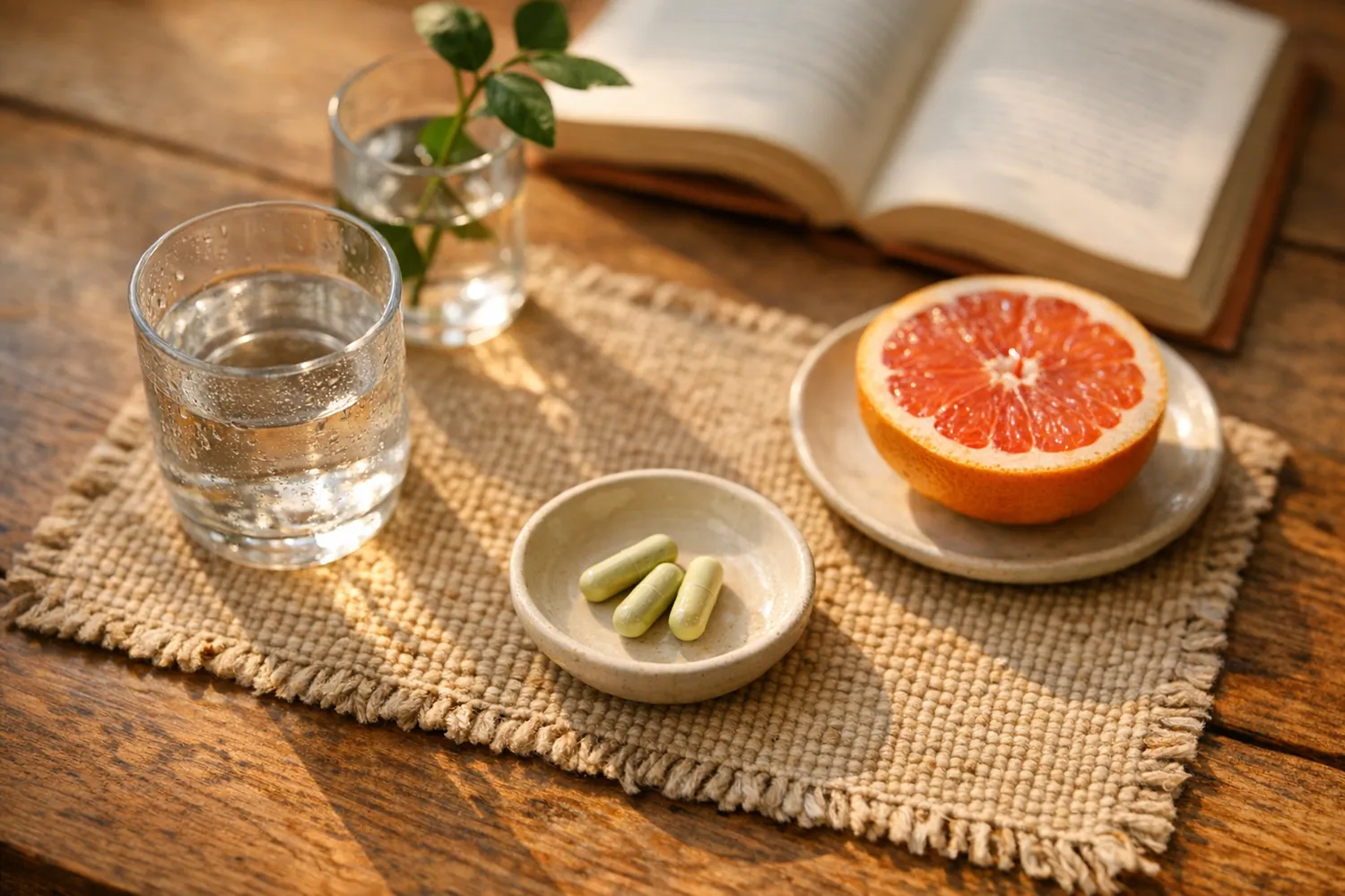 Folsäure-Kapseln in einer Schale beim Frühstück mit Wasserglas und frischem Obst auf einem Holztisch