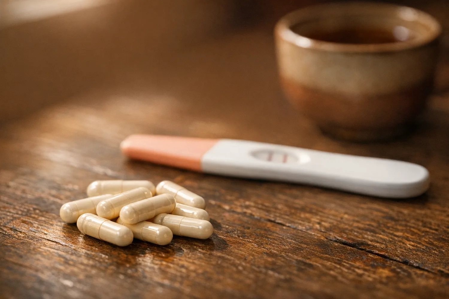Folsäure-Kapseln neben positivem Schwangerschaftstest auf Holztisch
