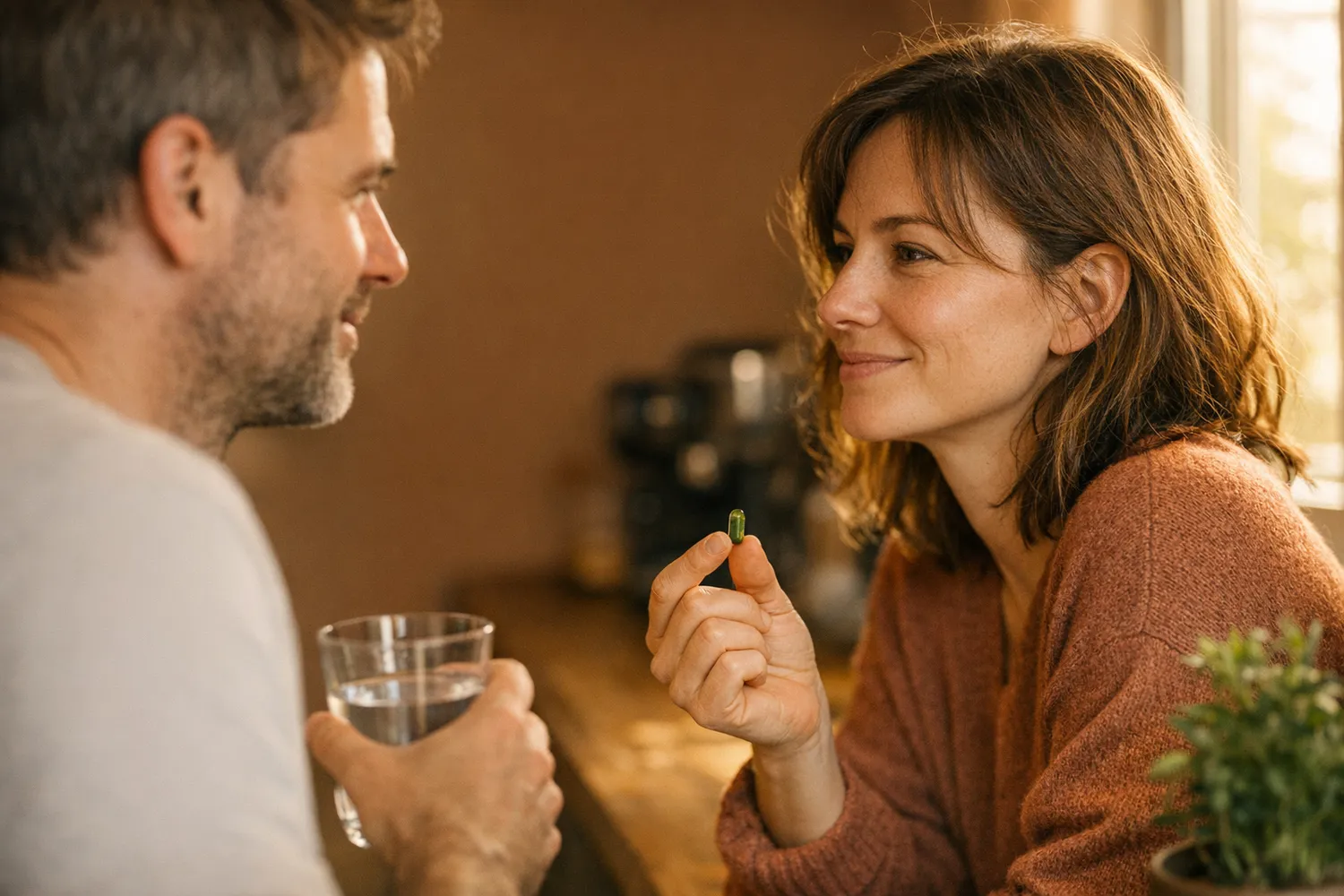 Paar mit Kinderwunsch nimmt gemeinsam Folsäure als Teil der Morgenroutine in der Küche