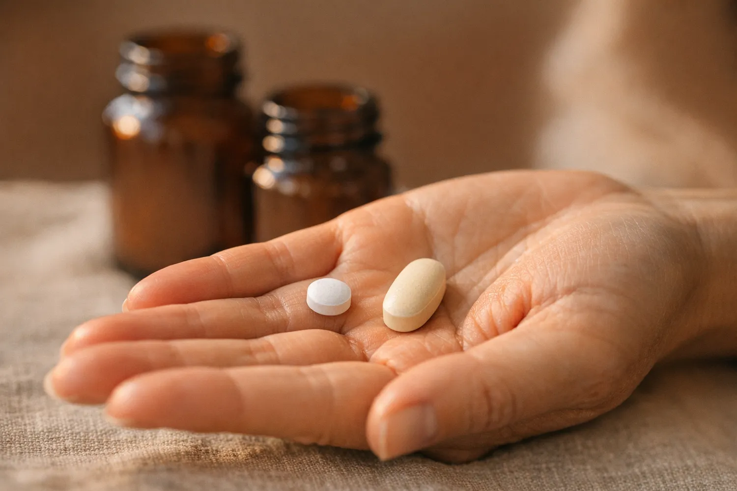 Frauenhand hält zwei verschiedene Folsäure-Tabletten zum Vergleich der Dosierungsformen