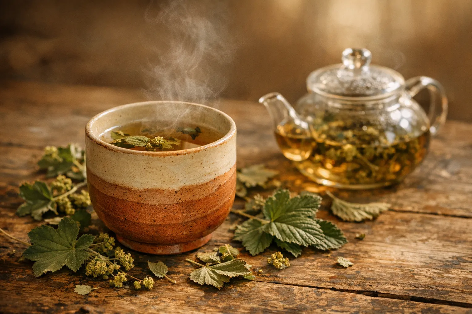 Tasse Kräutertee mit Frauenmantel- und Himbeerblättern auf einem Holztisch
