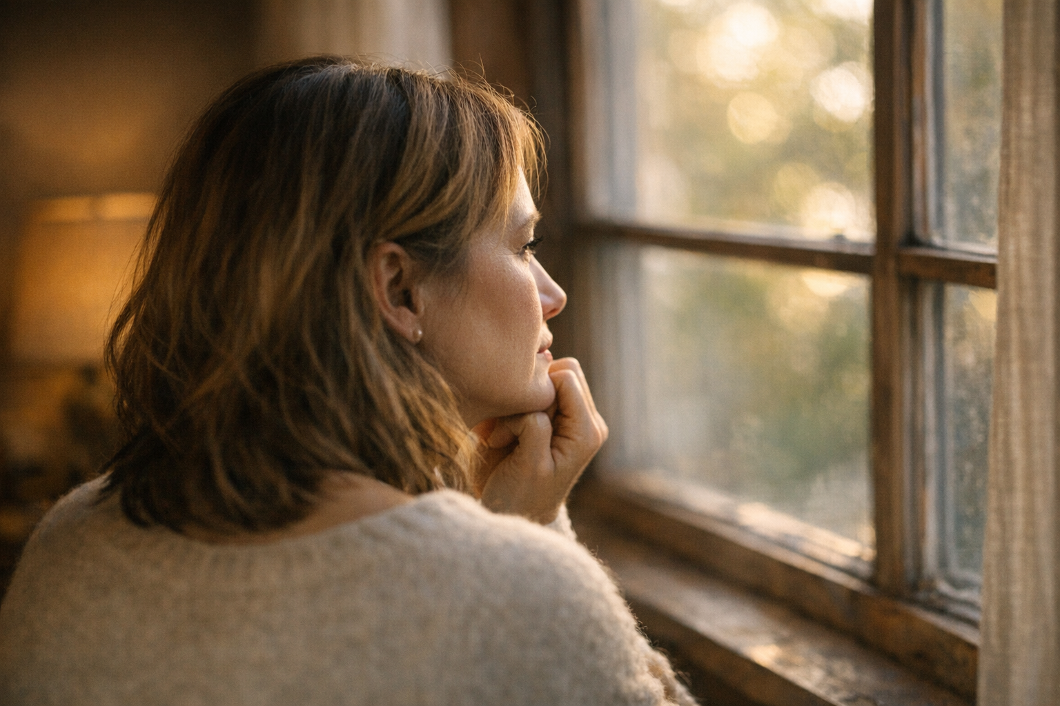Nachdenkliche Frau mittleren Alters symbolisiert Fruchtbarkeit und Alter