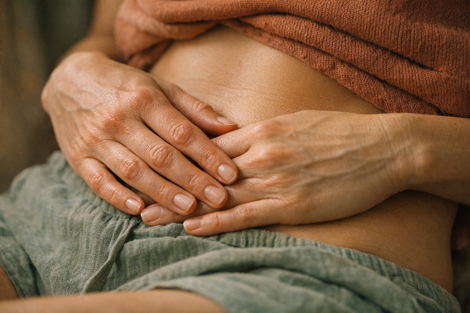 Weibliche Hände sanft über Unterbauch - Symbol für Fruchtbarkeit und Körperbewusstsein