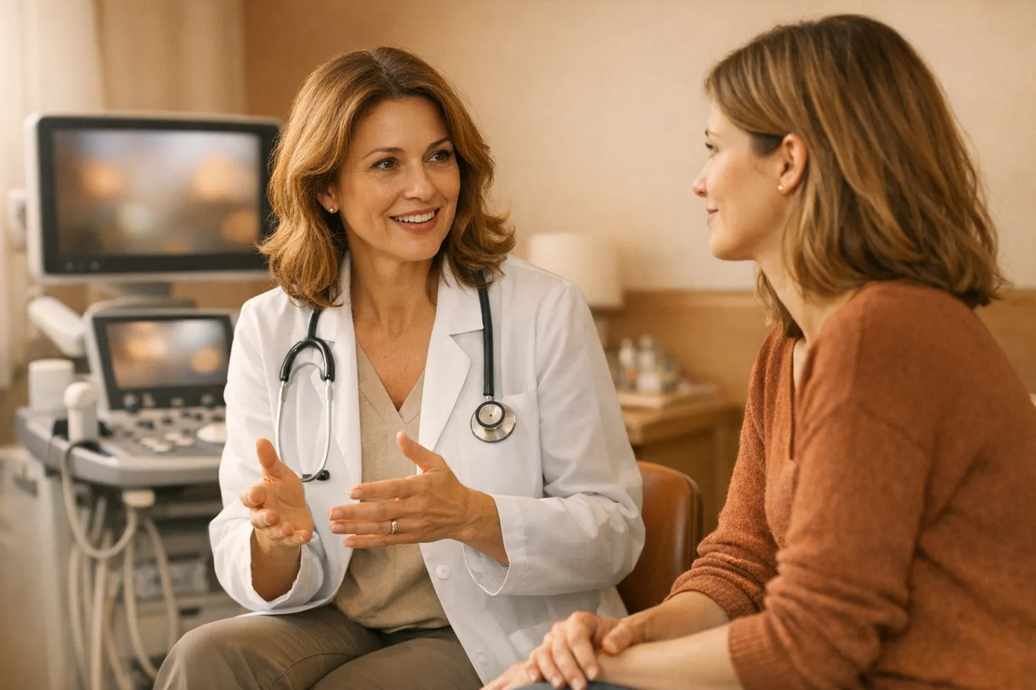 Gynecologist in a consultation with a patient, with an ultrasound machine in the background