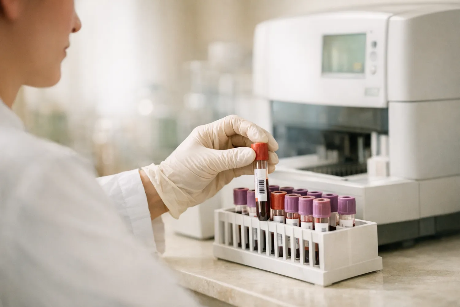 Lab technician placing a blood sample into an analyzer for hormone testing