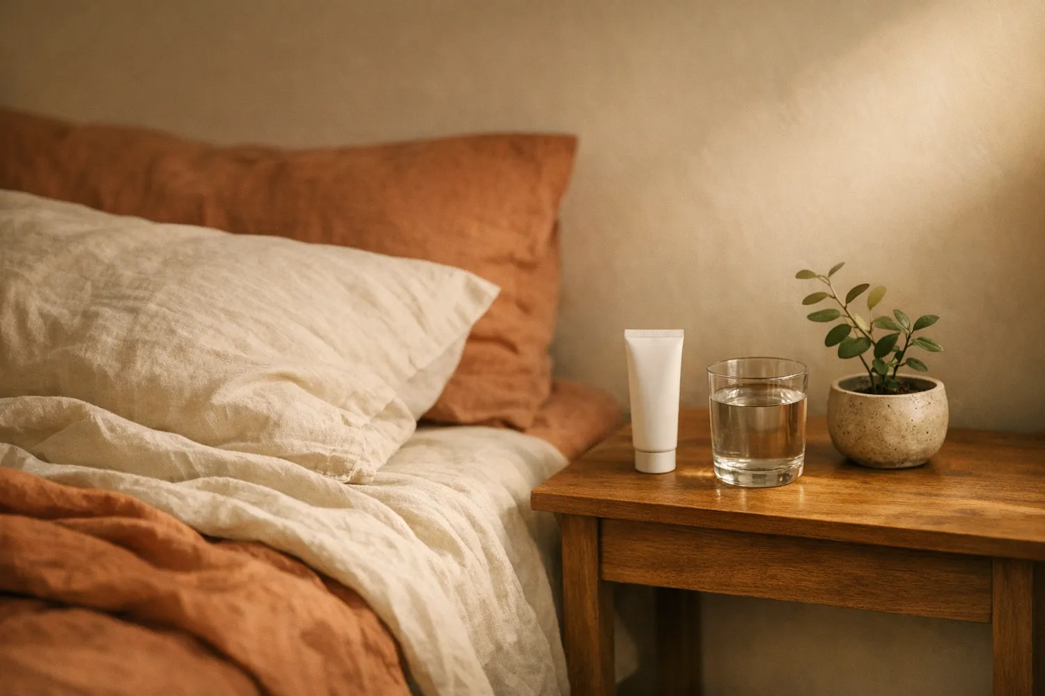 Ruhiges Schlafzimmer mit Leinenbettwäsche und einer Tube auf dem Nachttisch