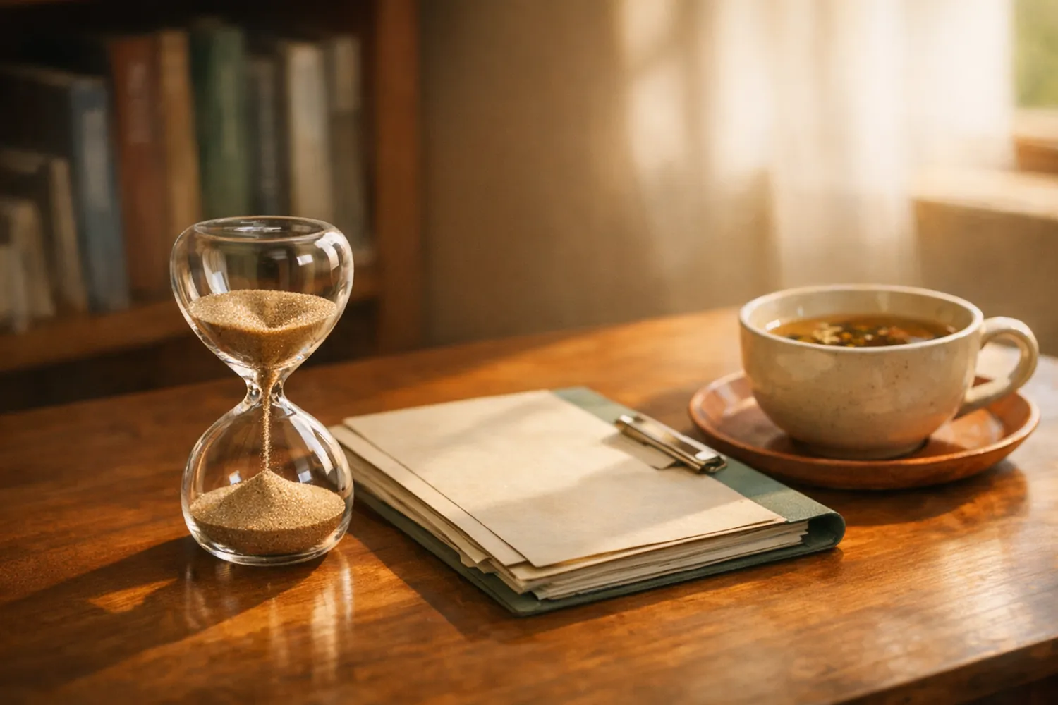 Sanduhr auf Schreibtisch symbolisiert Geduld bei der Kinderwunschbehandlung