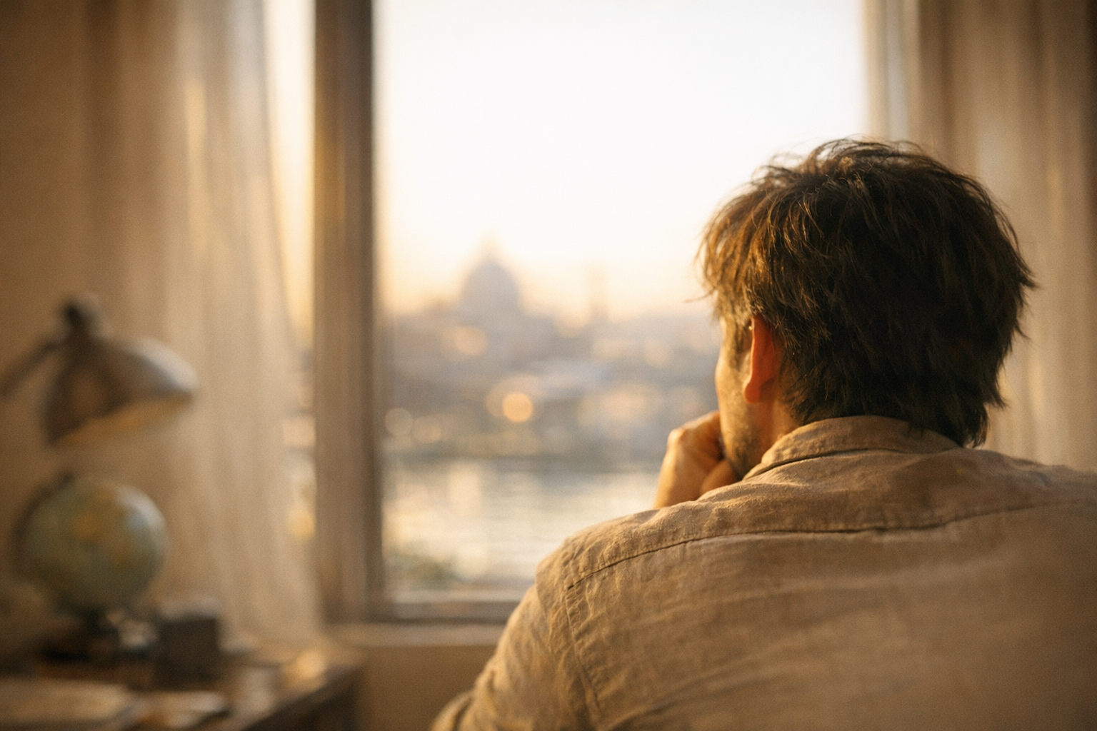 Over-Shoulder Perspektive zeigt nachdenkliche Betrachtung internationaler Standards