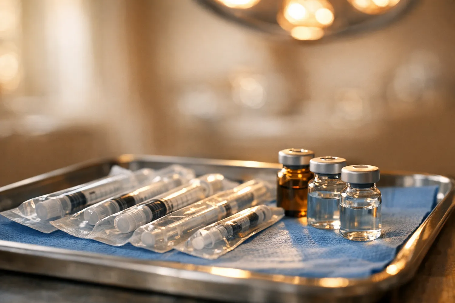 Medikamente und Spritzen fuer die IUI-Behandlung auf steriler Unterlage