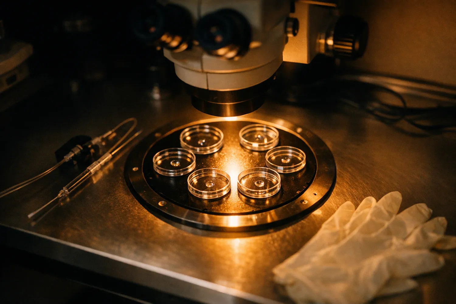 IVF-Embryologie-Labor mit Petrischalen aus der Vogelperspektive