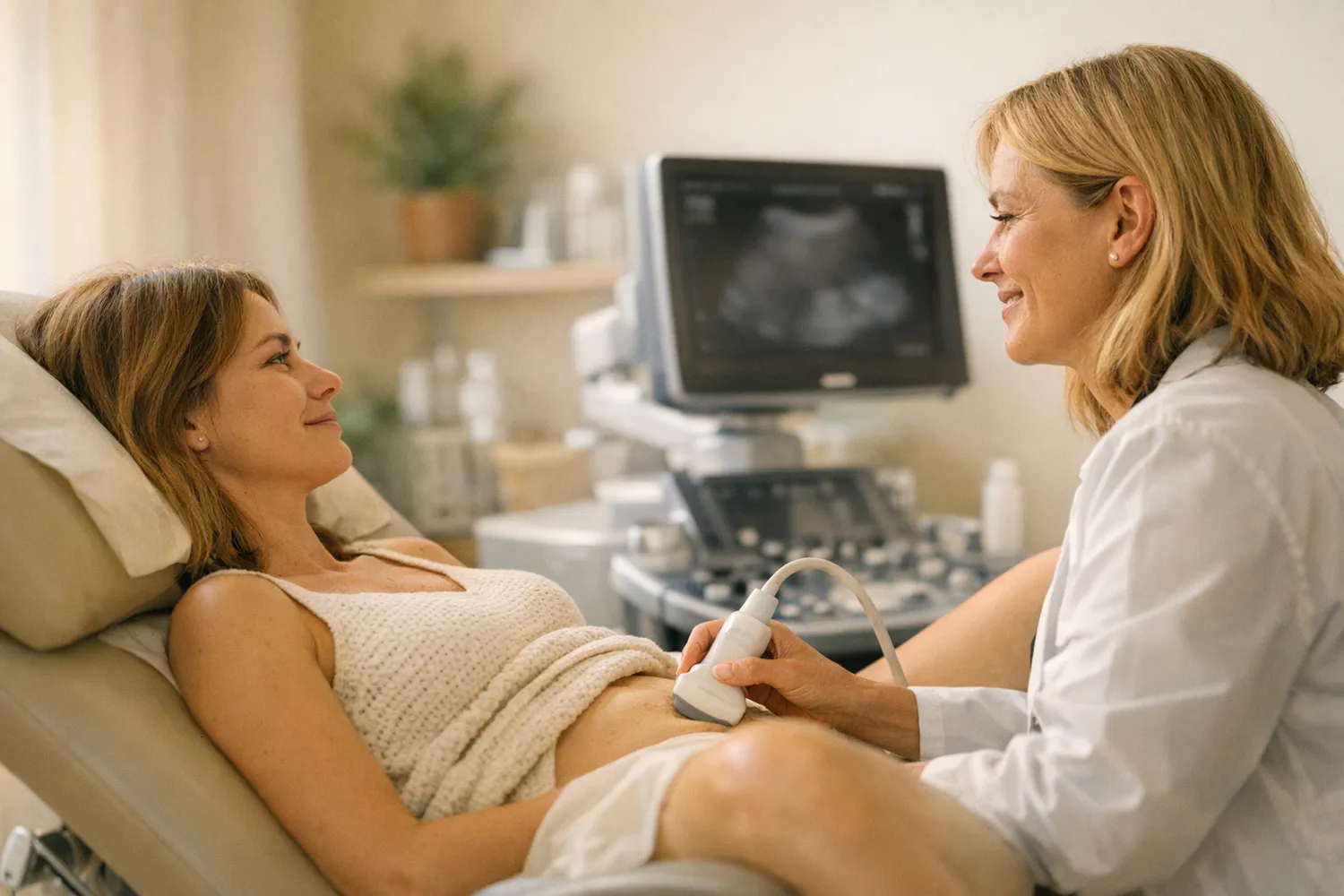 Woman having an ultrasound in the gynecologist’s office, with the doctor next to her