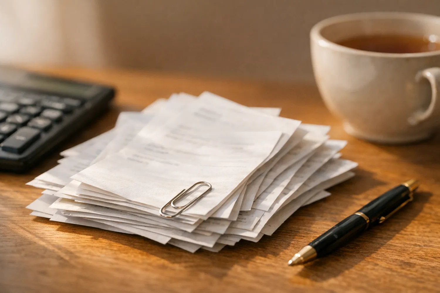 Medizinische Belege und Rechnungen auf dem Schreibtisch fuer die Steuererklaerung