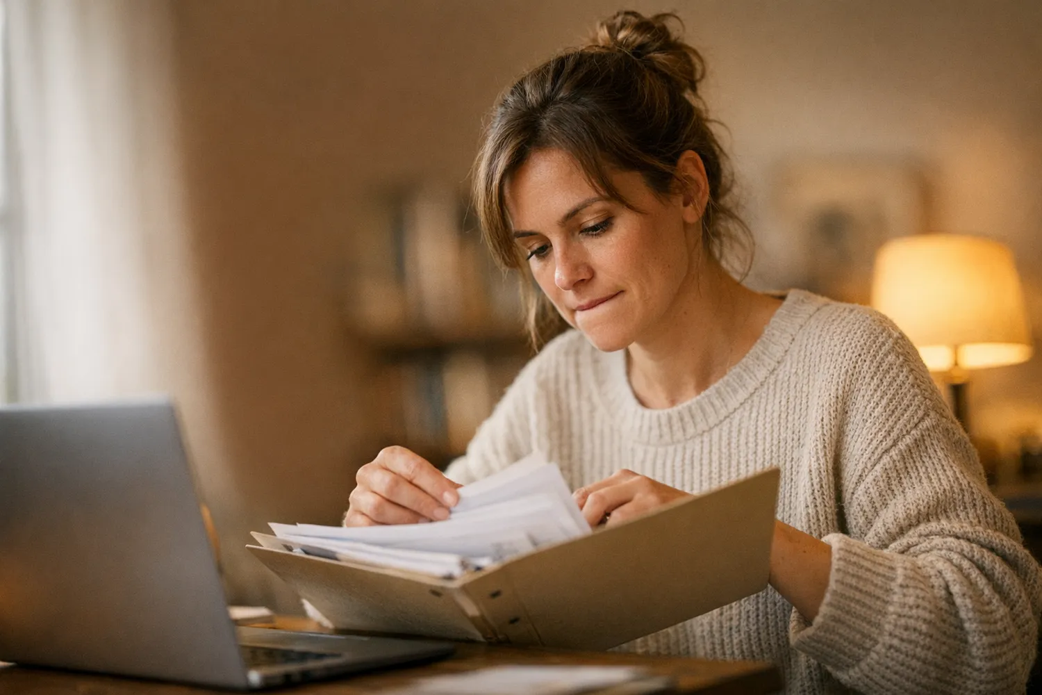 Frau sortiert Kinderwunsch-Unterlagen fuer die Steuererklaerung am Schreibtisch