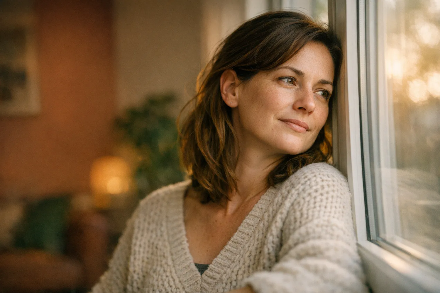 Nachdenkliche Frau am Fenster bei der Auseinandersetzung mit Kinderwunsch über 35