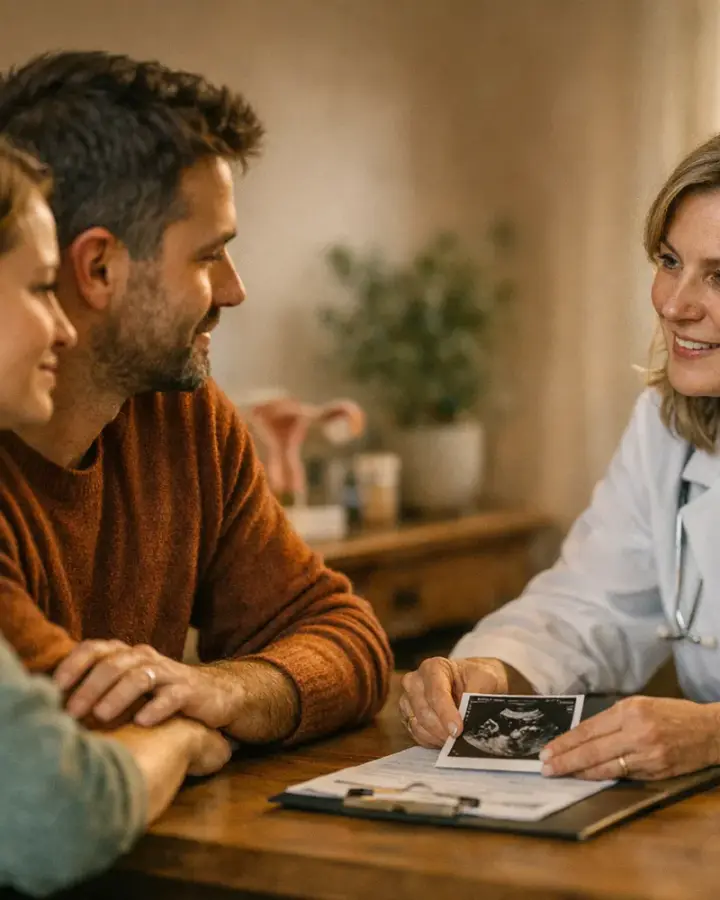 Couple talking with a female doctor at a fertility clinic