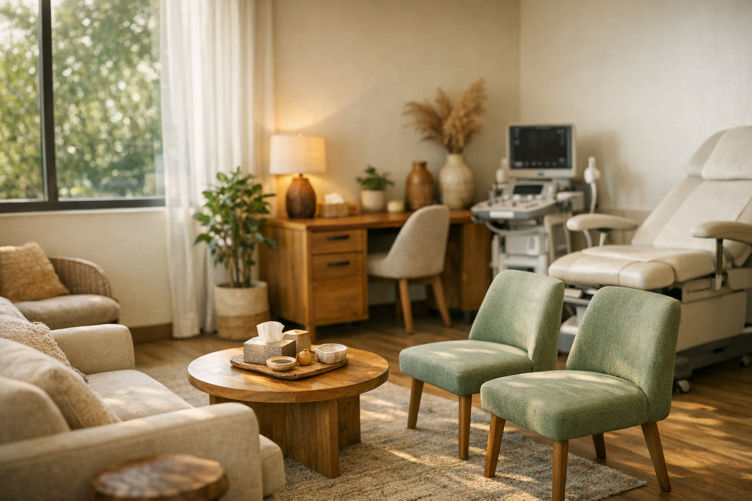 Moderne Kinderwunschpraxis mit warmer Atmosphäre für IVF-Beratung