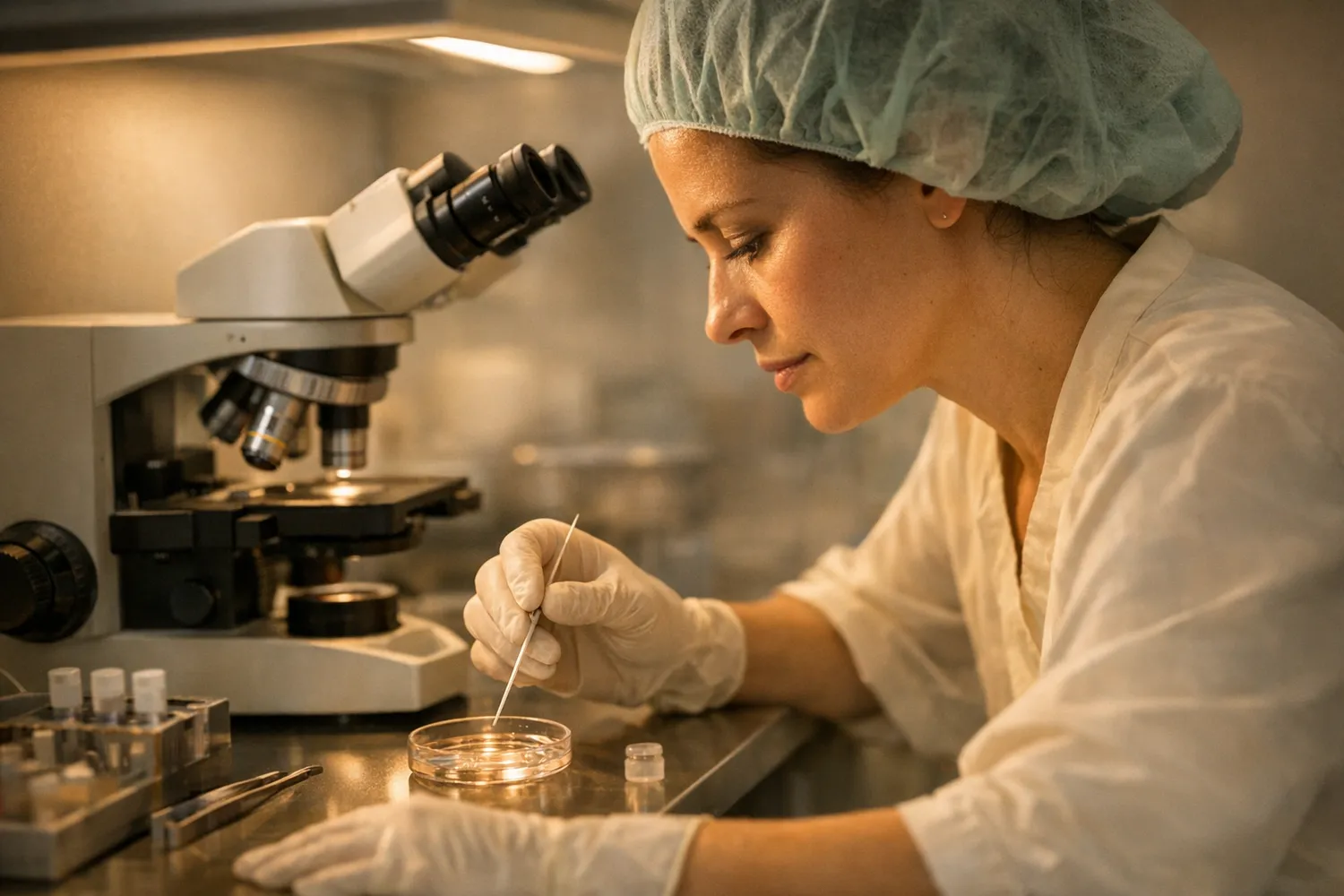 Embryologist working at a laminar flow hood next to a microscope