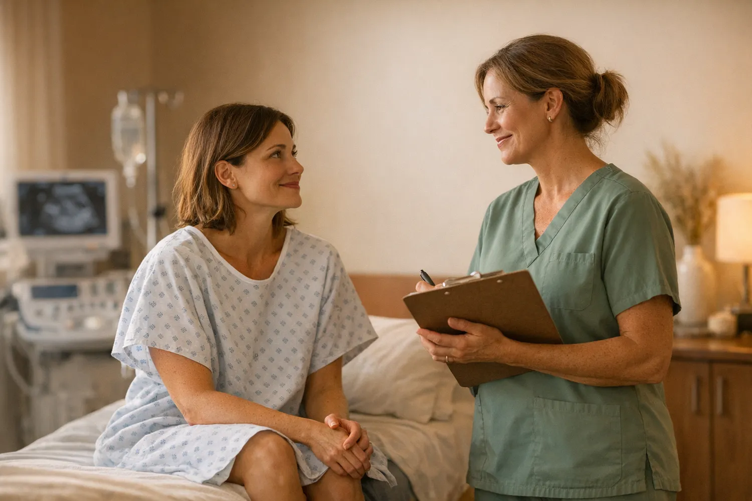 Patient in a gown talks with a nurse before the transfer