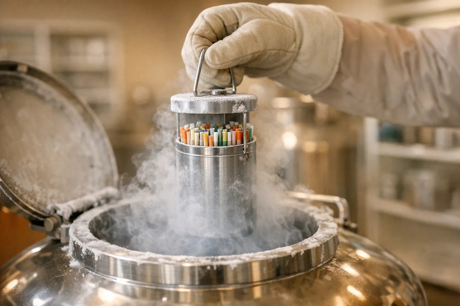 Container with cryo straws being lifted out of a tank of liquid nitrogen