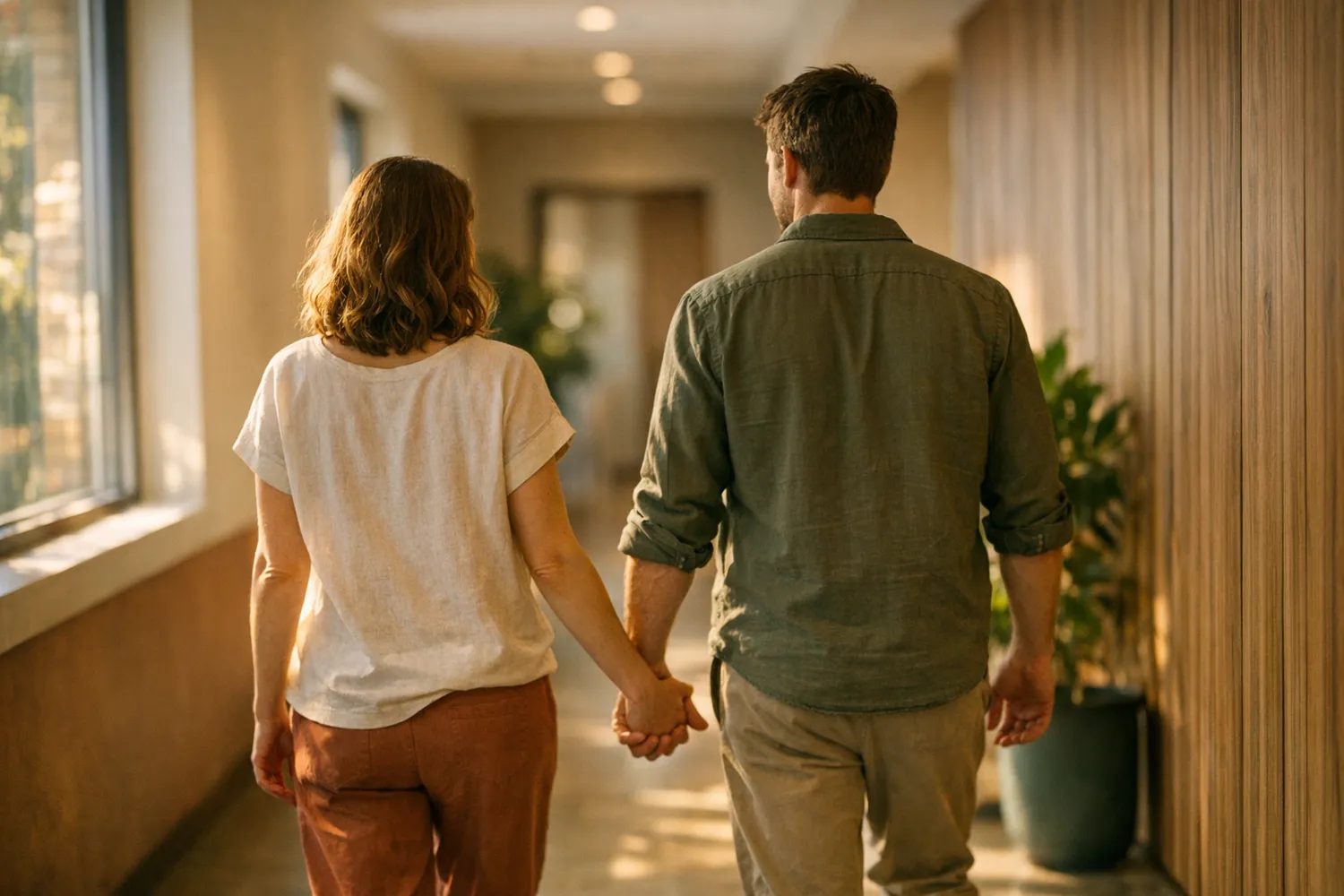 Paar geht durch den Flur einer Kinderwunschklinik