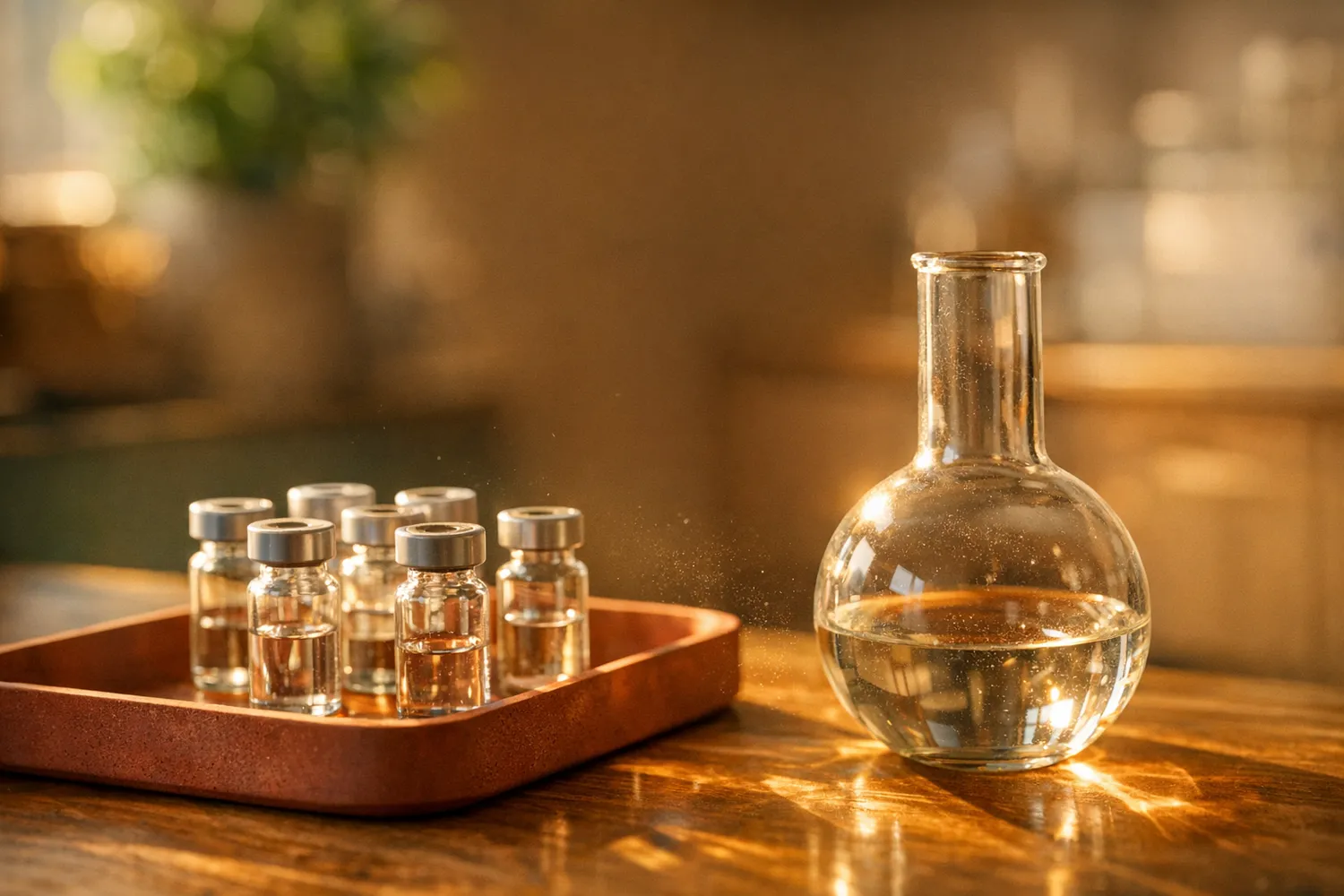 Laborgläschen und Reagenzgefäße in warmem Licht in einem modernen Fertilitätslabor