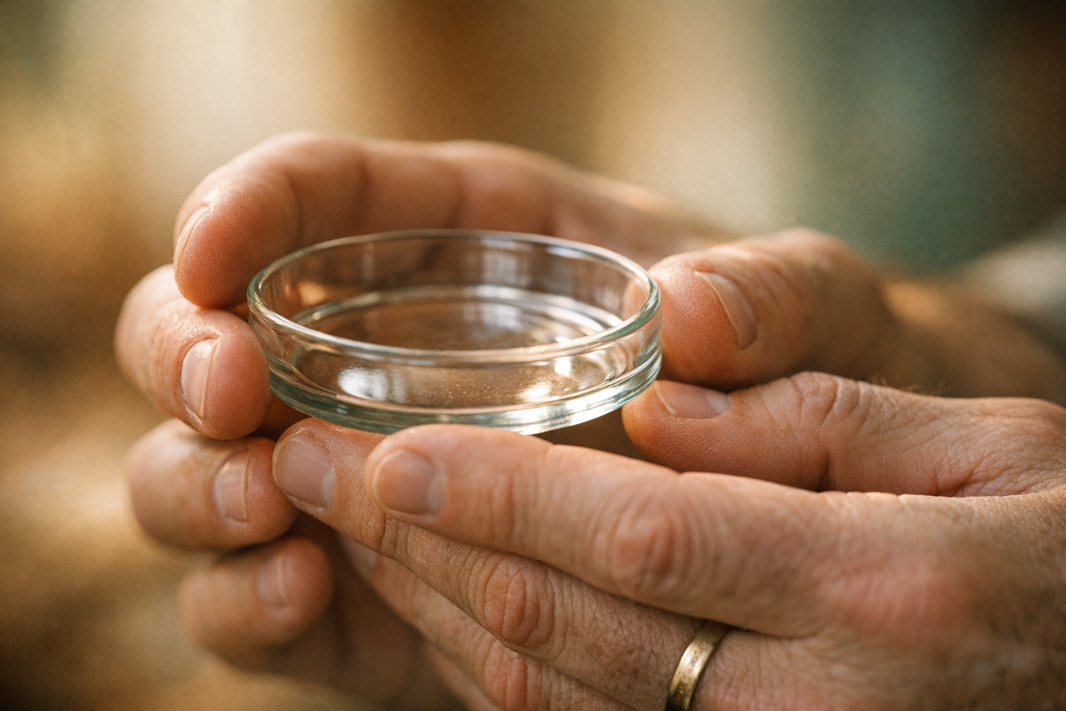 Männerhände halten vorsichtig Laborschale zur Spermienuntersuchung