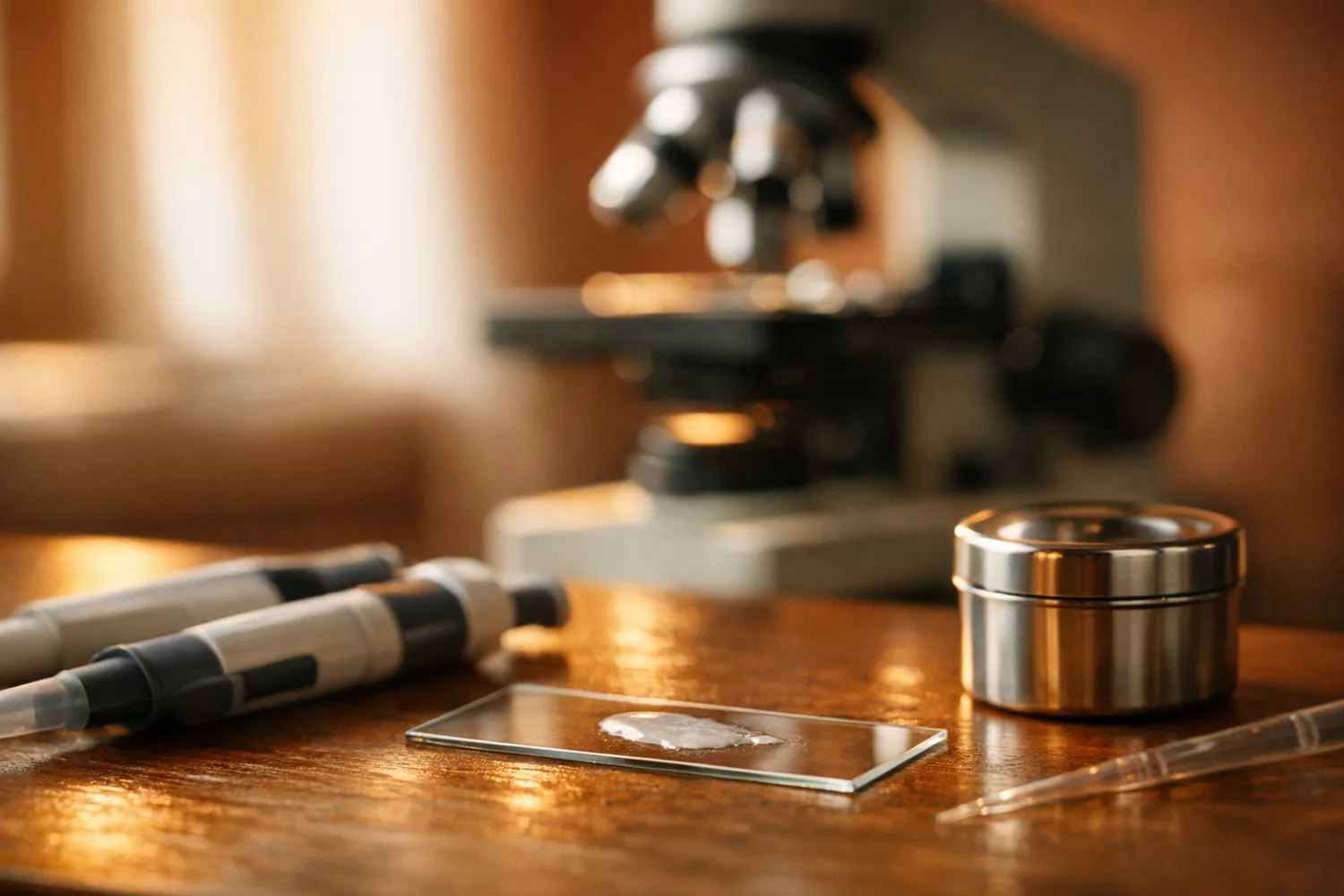 Spermiogramm-Probe und Laborpipetten neben einem Mikroskop in einem Andrologie-Labor