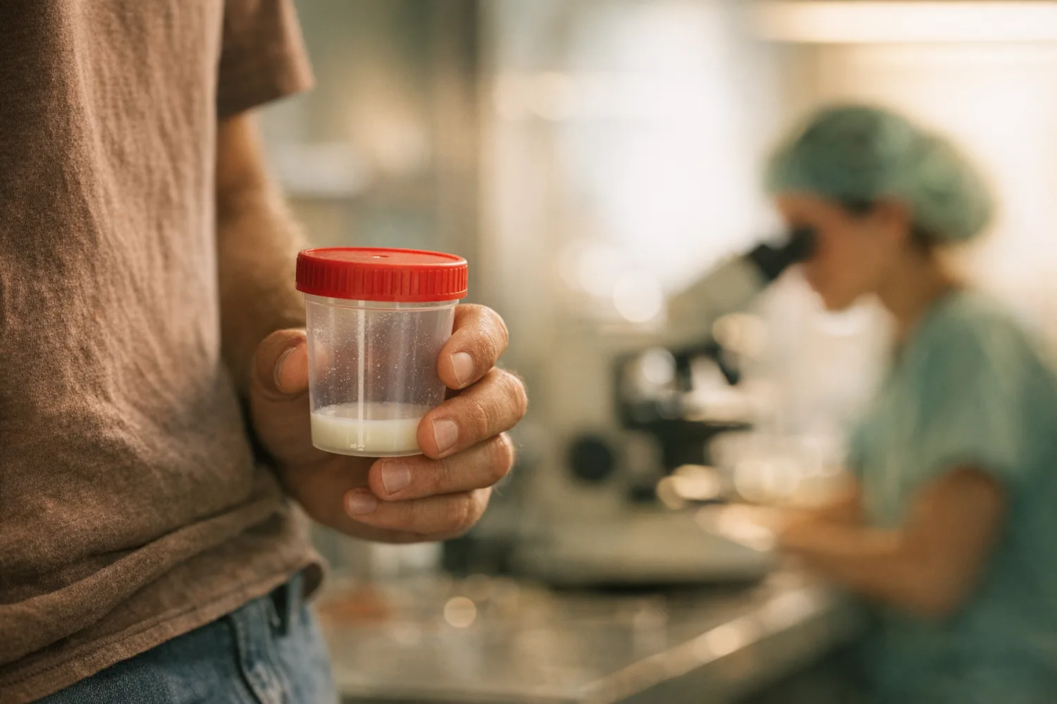 Samenprobe im Becher fuer die andrologische Diagnostik