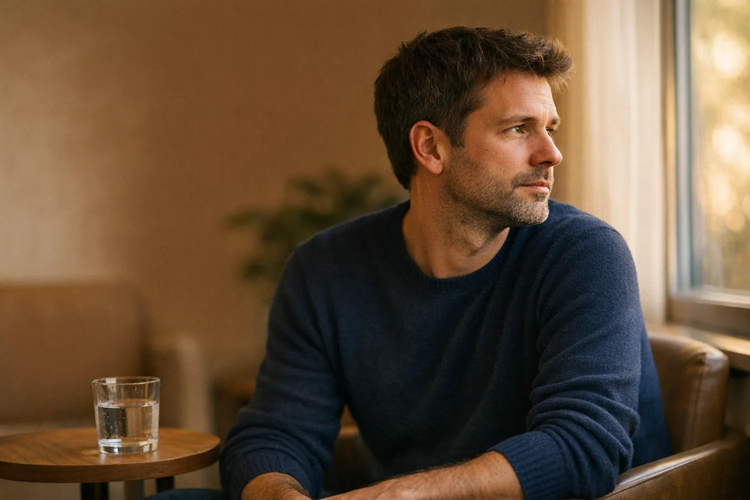 Mann wartet nachdenklich im Wartezimmer einer Andrologie-Praxis