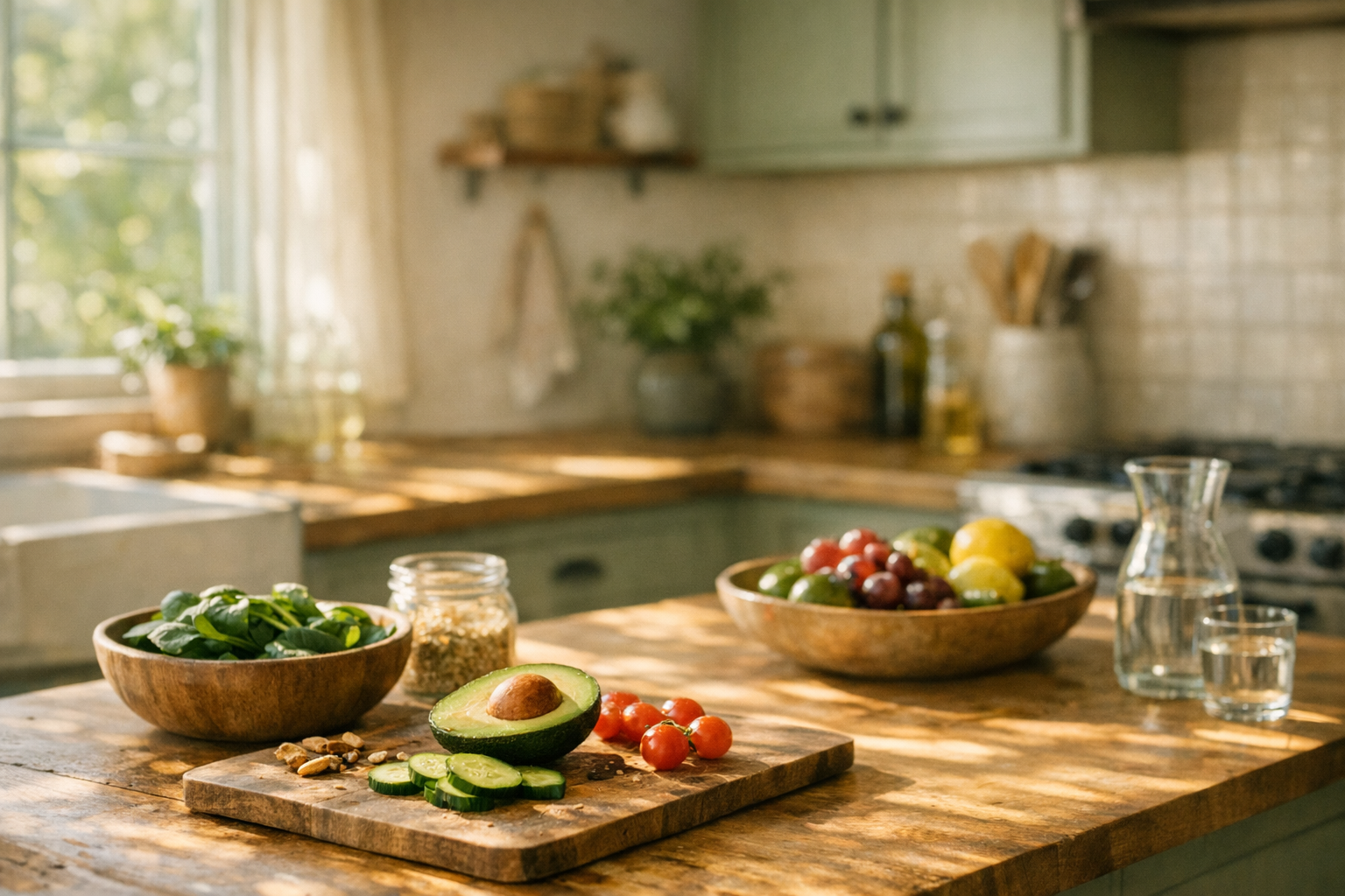 Moderne Küche mit gesunden Lebensmitteln für ausgewogene Ernährung