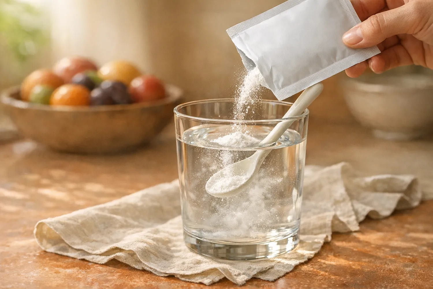Pulver aus einem Beutel wird in ein Glas Wasser gerührt