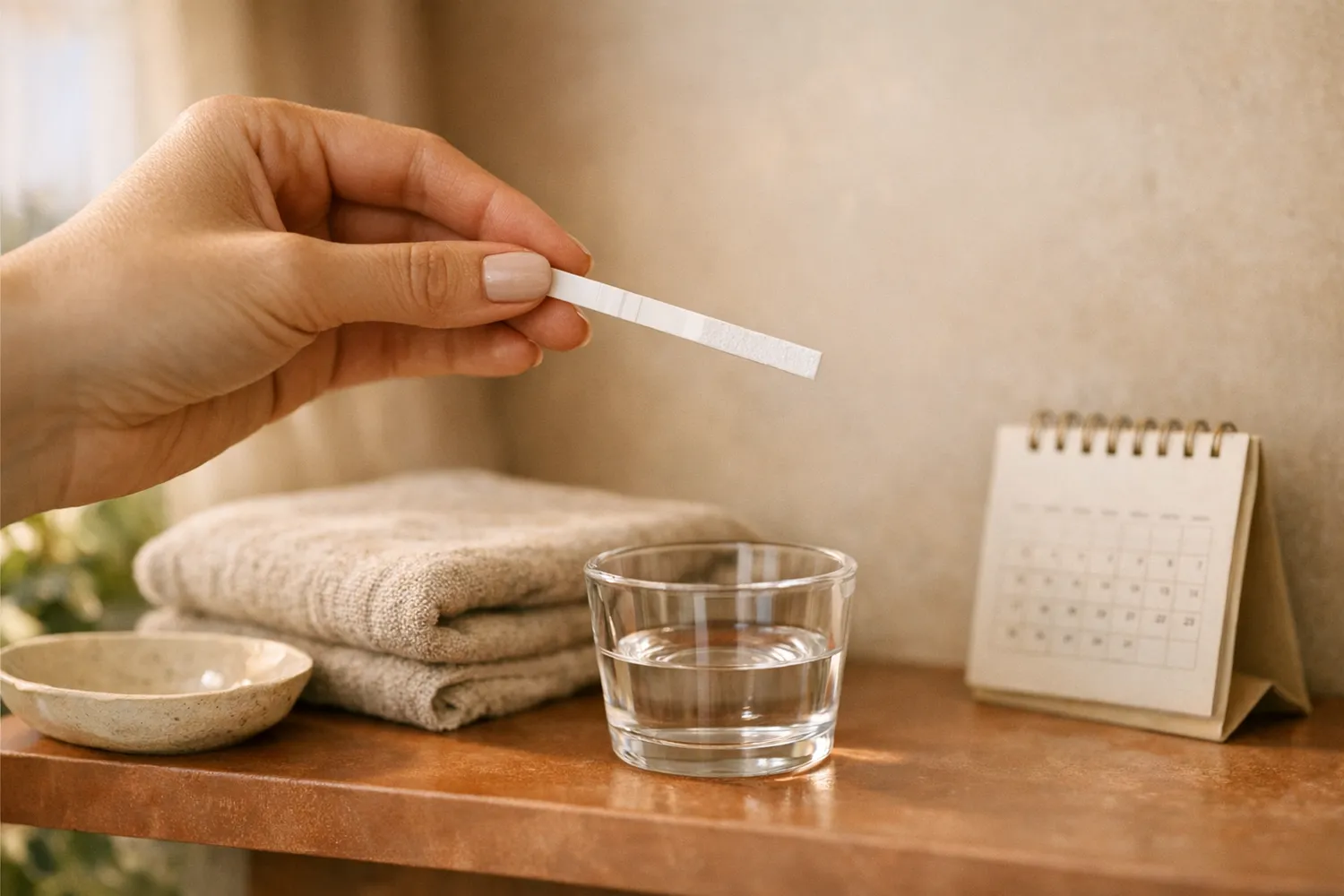 Hand hält einen Ovulationsteststreifen über einem Glas im Badezimmer