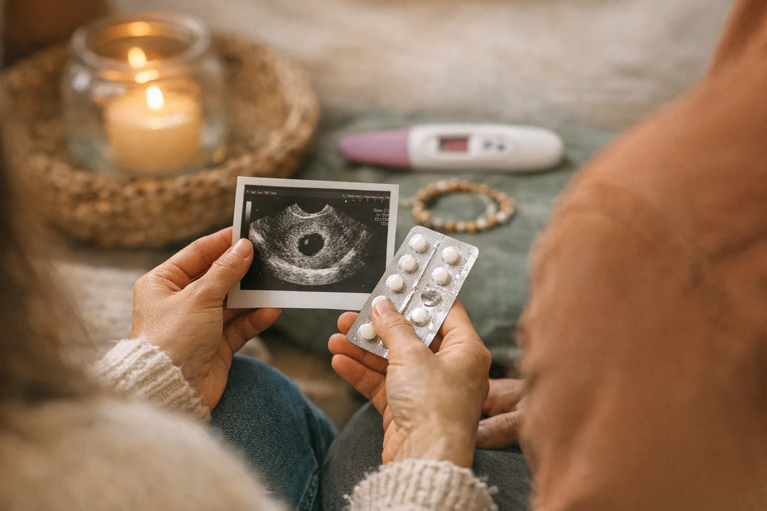 Frau hält positiven Schwangerschaftstest in den Händen