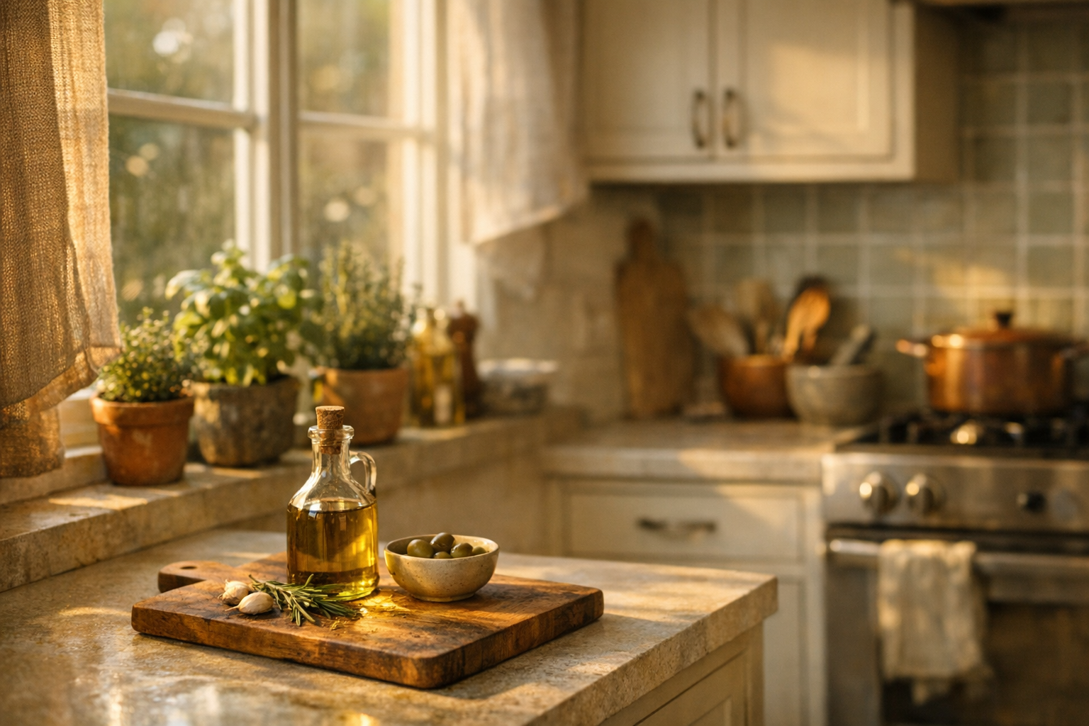 Moderne Küche mit mediterranen Zutaten für eine gesunde PCOS-Ernährung