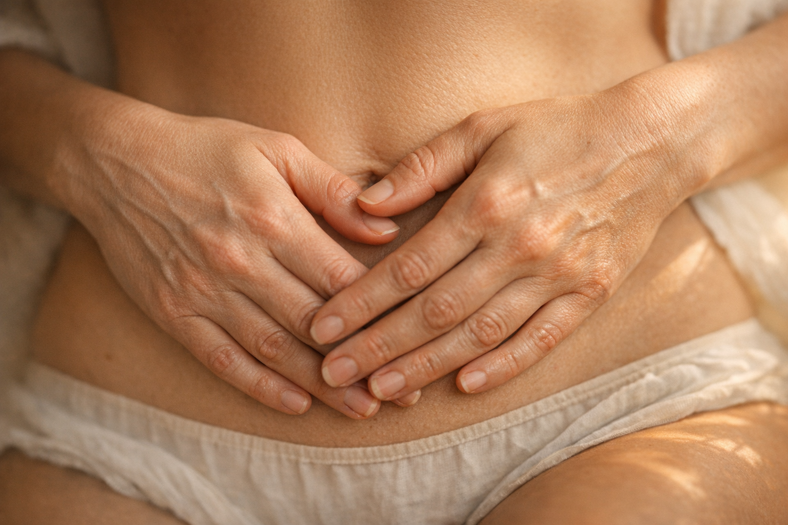 Frauenhände berühren sanft den Unterleib - symbolisch für PCOS und Kinderwunsch