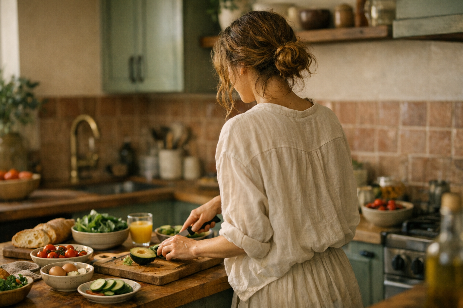 Frau bereitet gesundes Frühstück zu - Lebensstil bei PCOS und Metformin