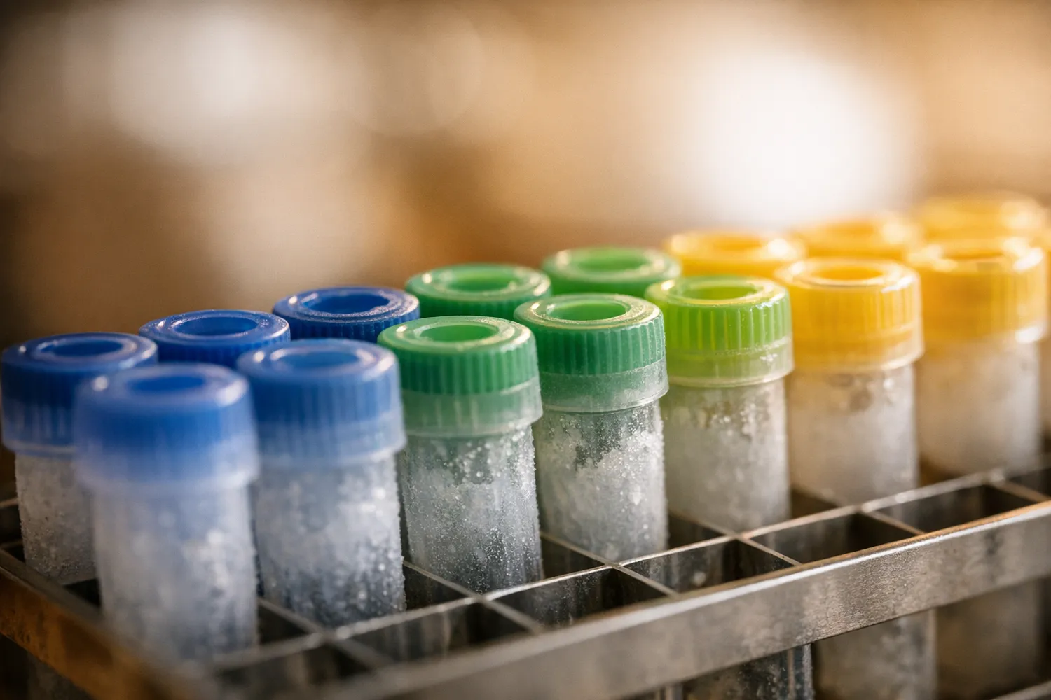 Kryokonservierte Samenproben in einer Samenbank mit farbigen Verschluessen