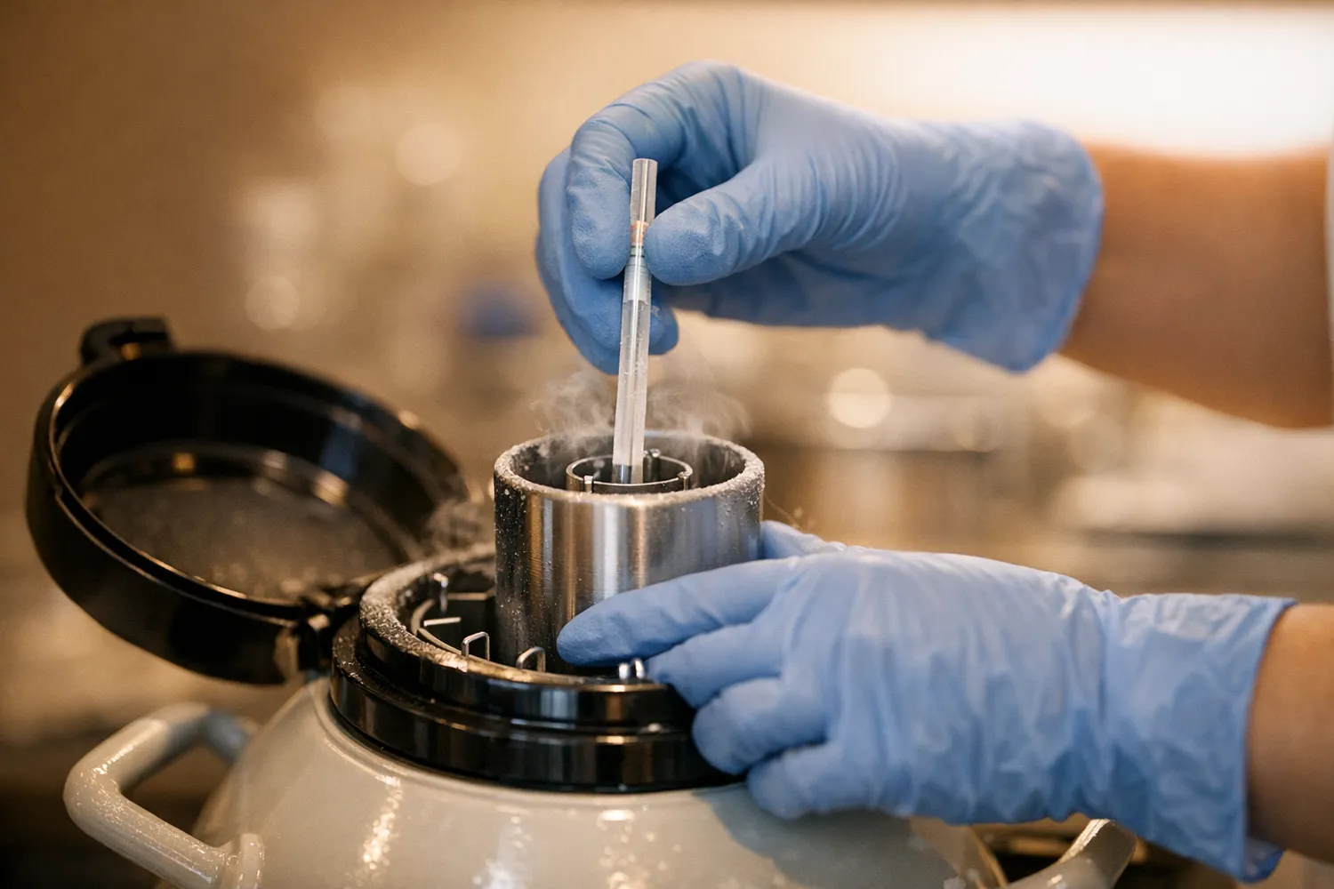 Labortechniker platziert Kryoprobe in Aufbewahrungsgefaess