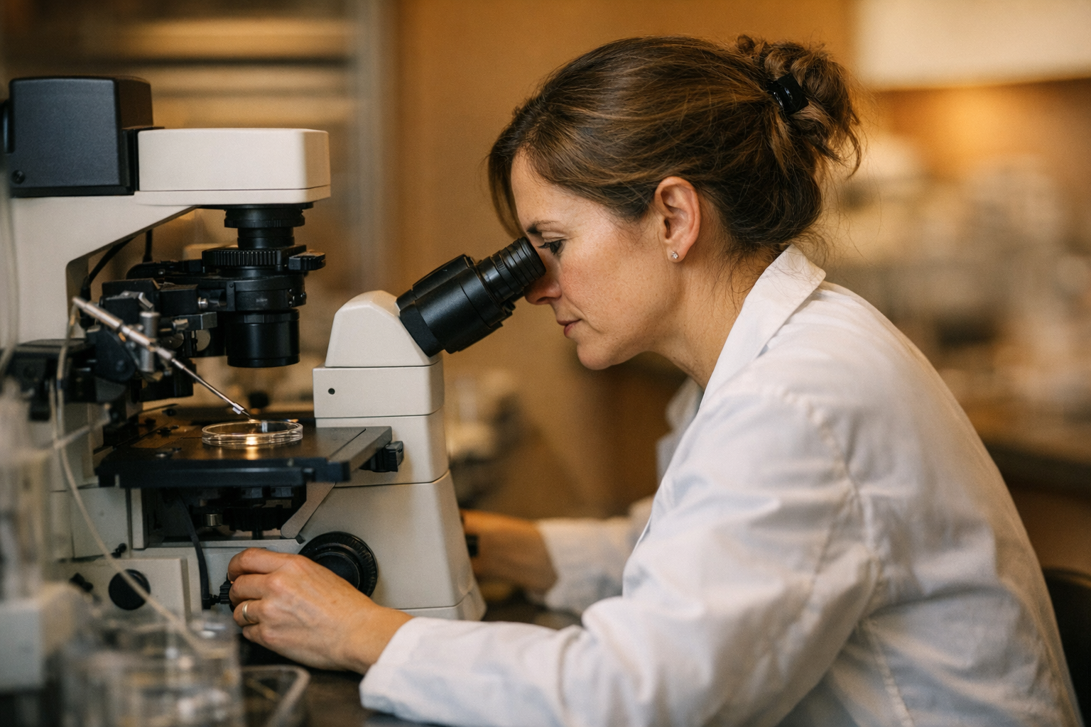 Reproduktionsmediziner arbeitet konzentriert am Mikroskop im Kinderwunsch-Labor