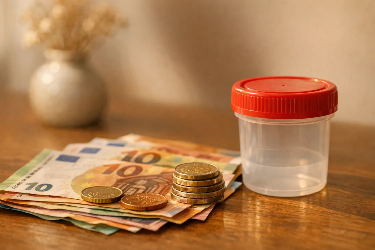 Euro-Geldscheine neben medizinischem Probenbecher als Symbol fuer Samenspende-Kosten