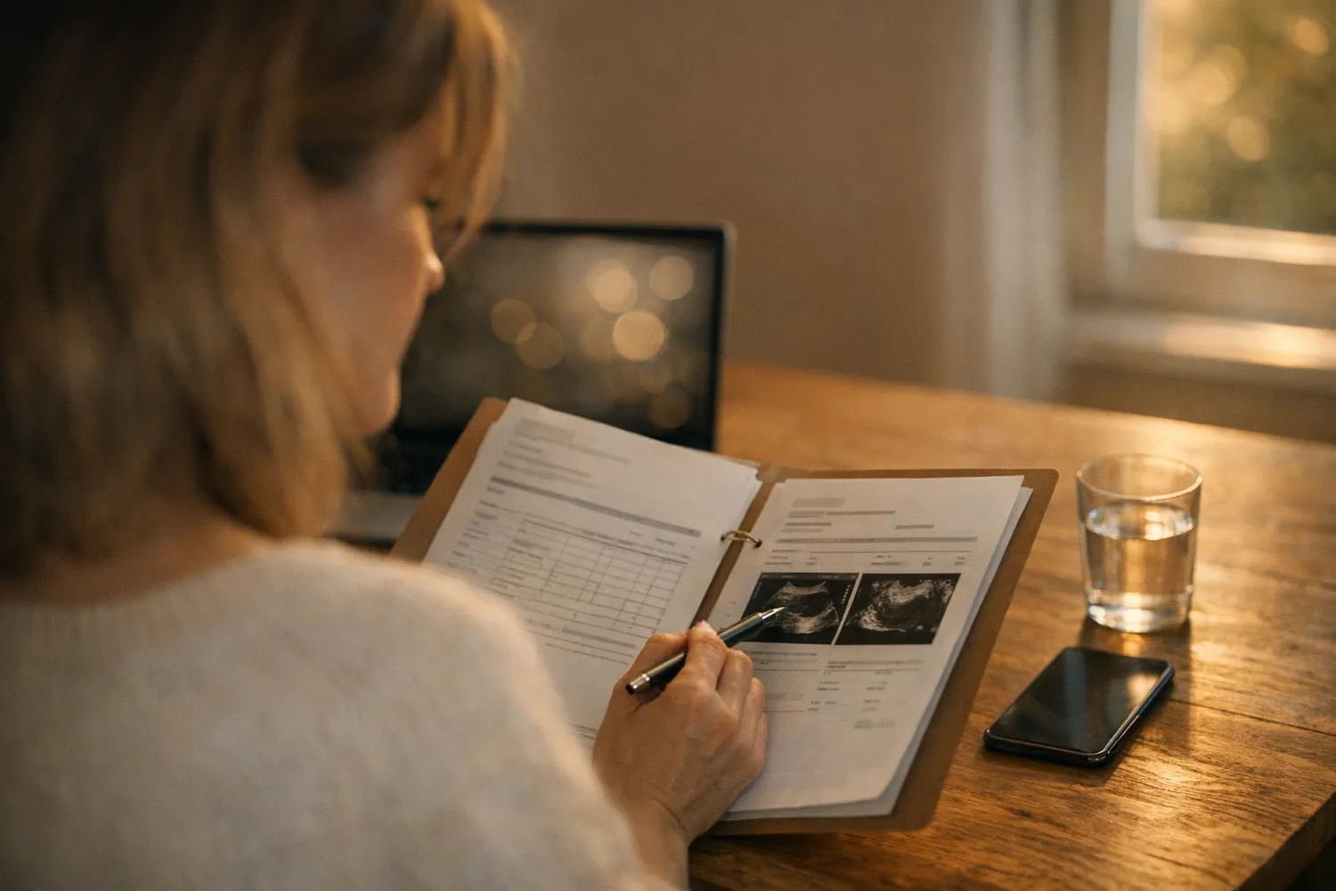 Frau vergleicht Samenspende-Angebote und Unterlagen zu Hause