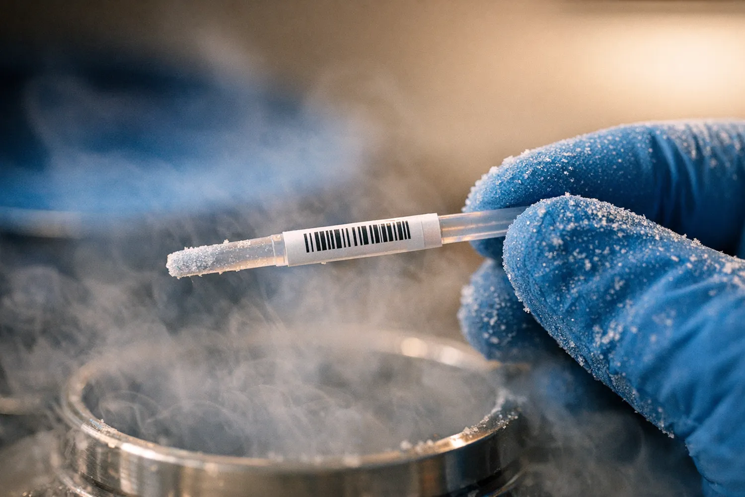 Kryoprobe mit Barcode-Etikett über Stickstoffdampf in der Samenbank